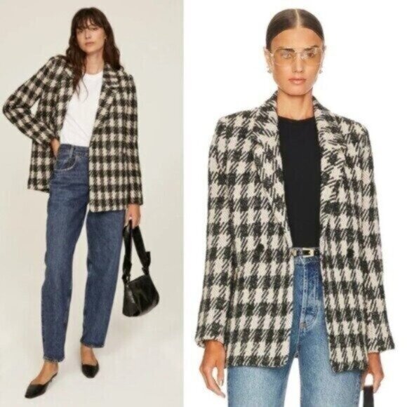 Anine Bing Diana Houndstooth Plaid Black Tan Double Breasted Blazer Size XL - Picture 2 of 14